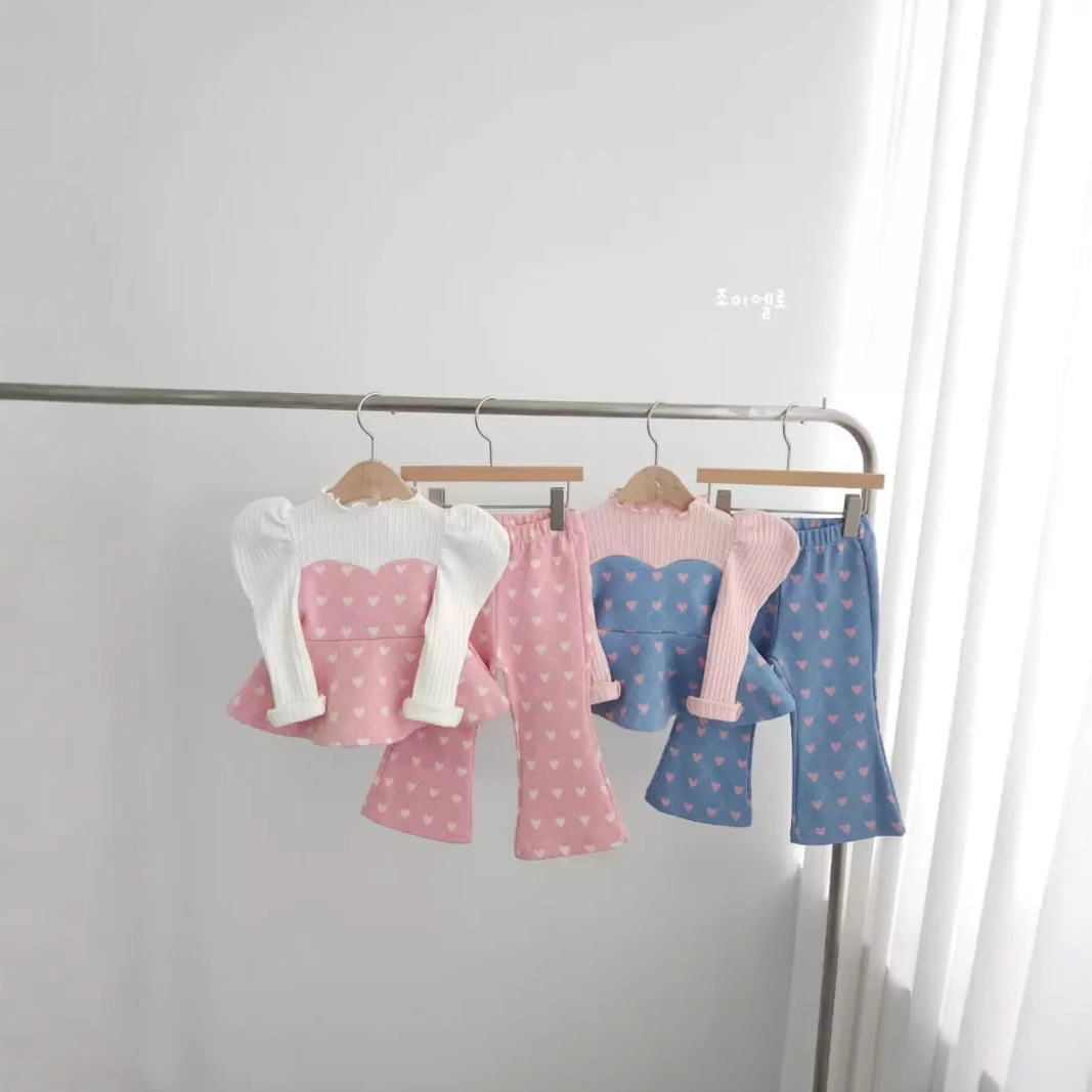 Girls' Sports suit Spring and Autumn Western Style Children's Internet Popular Fashionable Autumn Love Printed Puff Sleeve Casual Two-piece Set