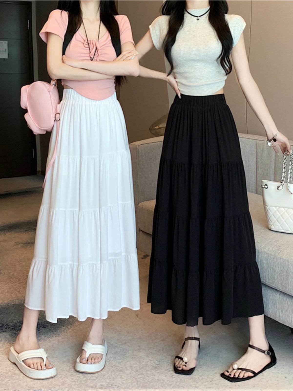 French Style Hepburn Style Chiffon Long Skirt Women's 2024 Summer Thin chubby girl High Waist A- Line Dape Cake Skirt