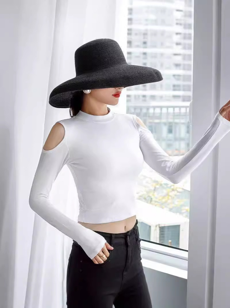 Picture of Shoulder Top Women's Long-sleeved Black New Arrival Navel Wear Autumn and Winter Semi-high Collar Base Shirt Women's Tight T-shirt Fashionable Cotton T-shirt