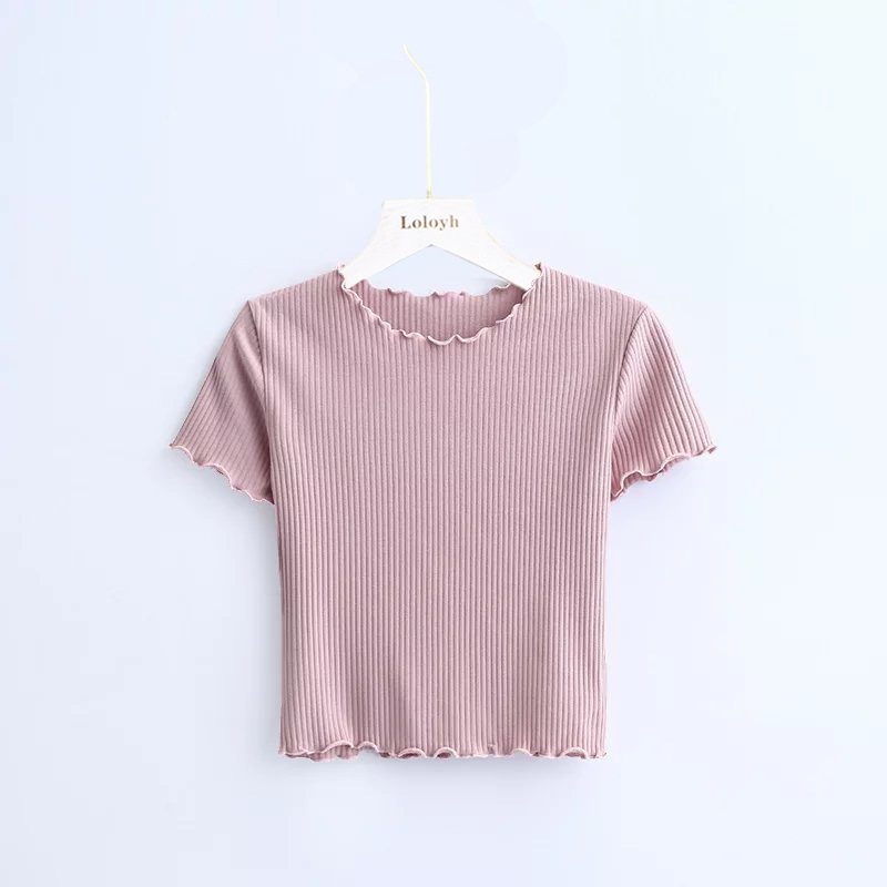 Picture of 2025 Spring and Summer New European and American Style Fashion Retro Fungus Edge Slim Short Short-Sleeved T-Shirt Tops for Women