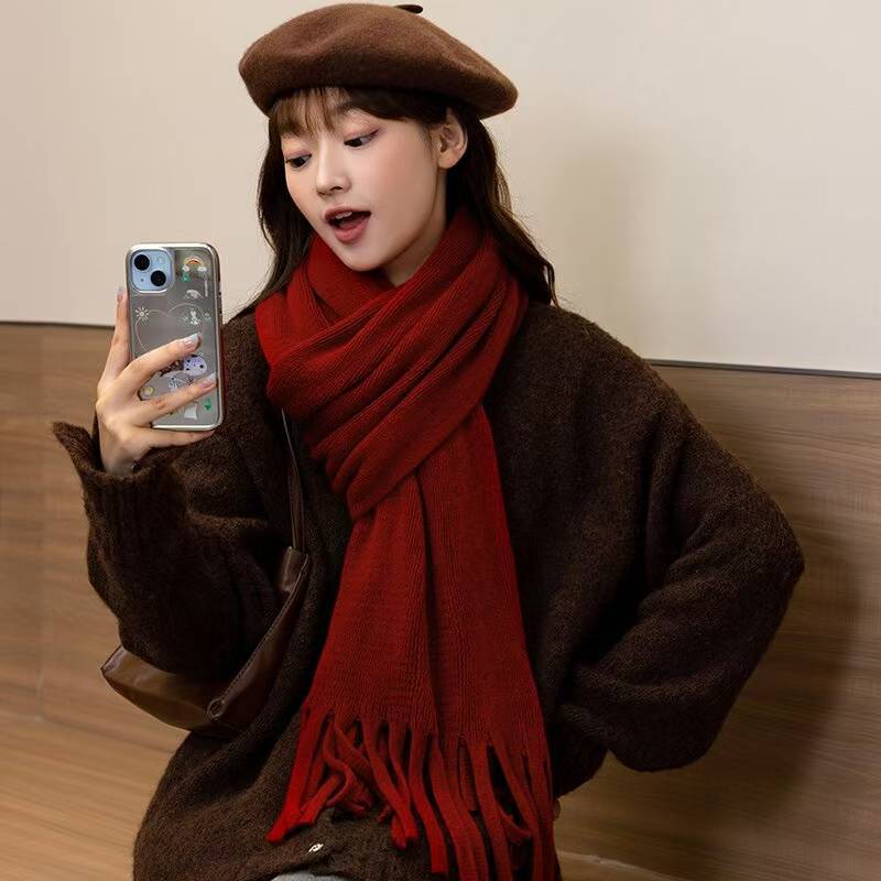 Japanese Style Simple Imitation Cashmere Thickened Scarf Women's Winter Korean Style All-match Tassel Knitted Long Neck Shawl Couple