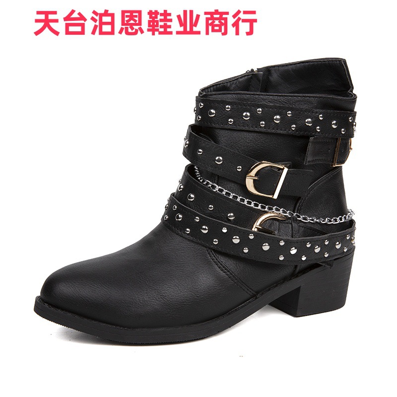 Picture of Cross-border foreign trade in-stock 2025 side zipper round toe double chain square heel PU European and American women's ankle boots autumn and winter new ankle-length boots