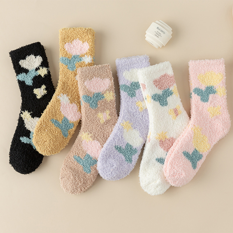 Tulip non-lint coral fleece women's socks wholesale autumn and winter thickened coral fleece home sleep socks cross-border floor socks
