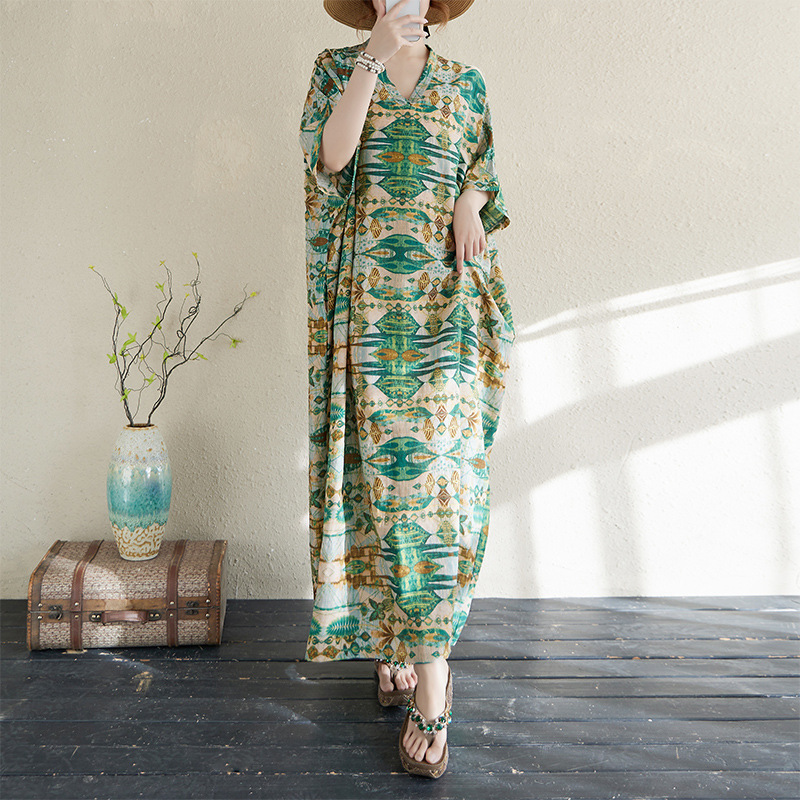 Real shot 2025 summer color holiday style tourism V-collar literary retro long flesh-covered slimming cotton and linen dress