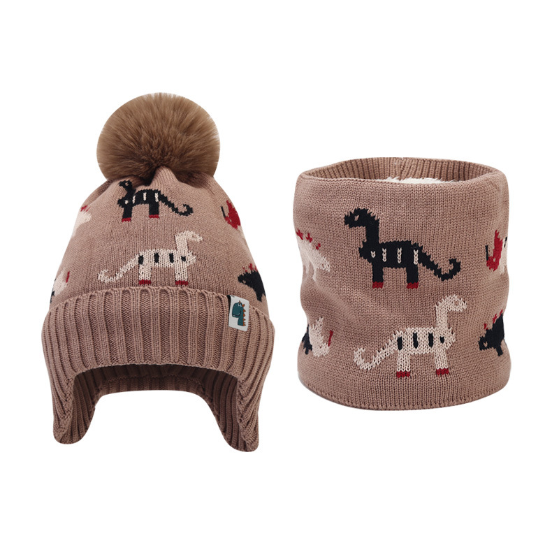 Picture of Cross-border Winter Children's Jacquard dinosaur fleece-lined knitted hat scarf suit boys' ear protection wool hat two-piece set
