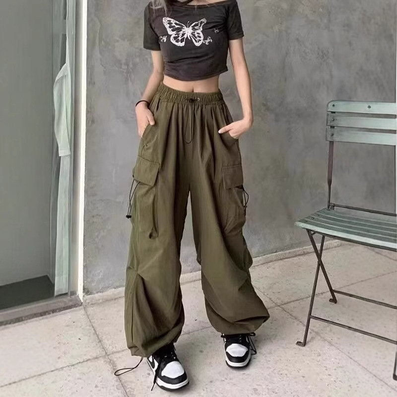 Women's American-Style Summer Cargo Pants, Straight Wide-Leg, Loose Fit, Trendy Drape, Floor-Length Drawstring Casual Pants