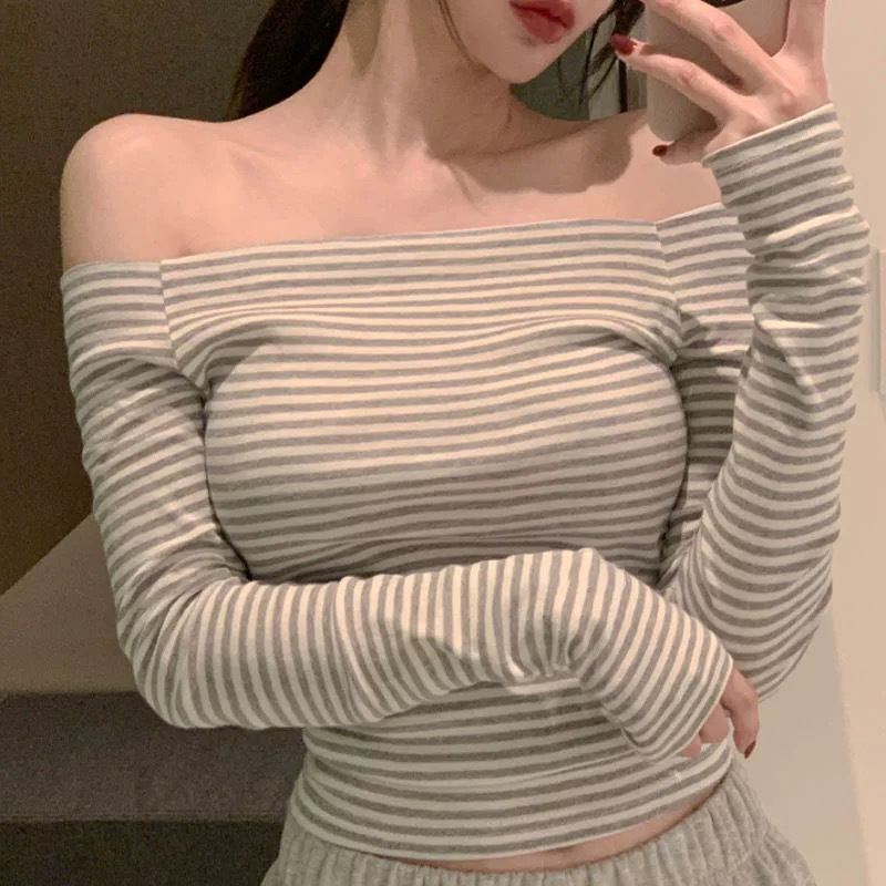 South Korea Dongdaemun New Products Recommend Good Goods Sexy Shoulder Stripe Slimming Comfortable Long Sleeve T-Shirt