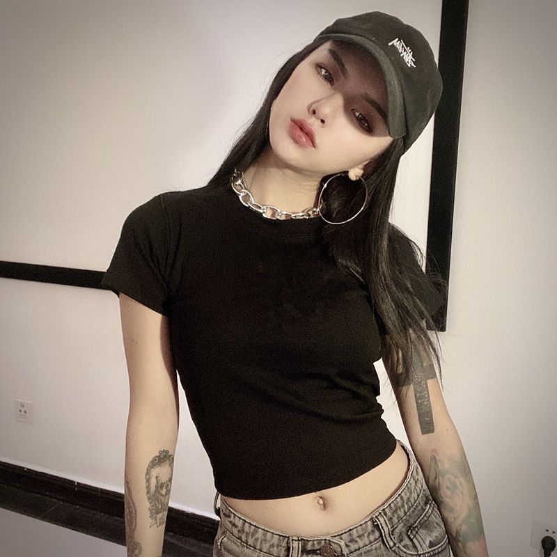 Shoulder Short-sleeved T-shirt Women's Summer New European and American Retro Basic Sexy Tight Crewneck Short Navel Backing Shirt