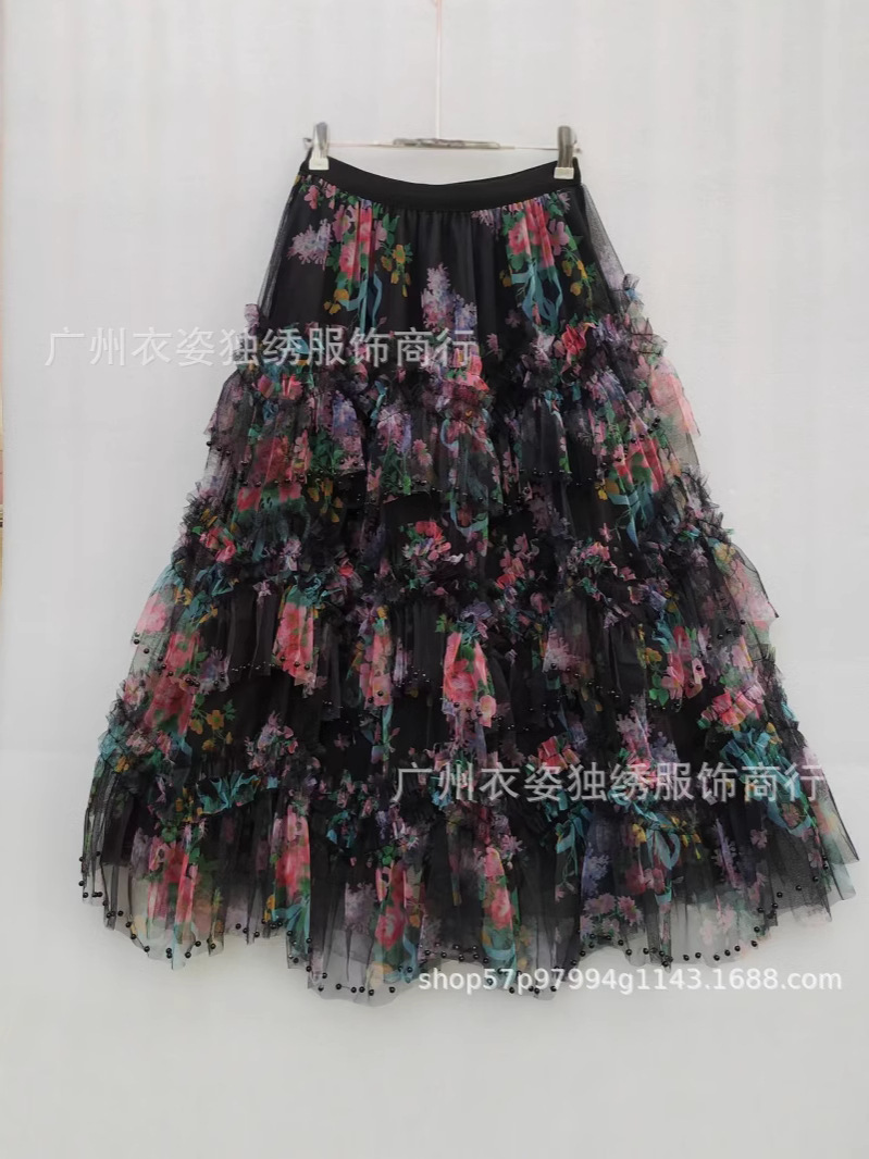 Heavy Beaded Irregular Hem Patchwork Printed Tulle Skirt Colorful Cake 2025 New Half Skirt Mesh Long Skirt