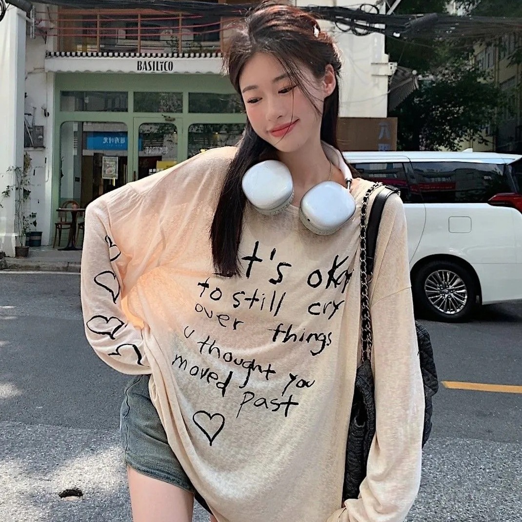 2024 New Style Lazy Style Personalized Letter Printed Long-sleeved T-shirt Women's Summer Loose Slimming Thin Sunscreen Top