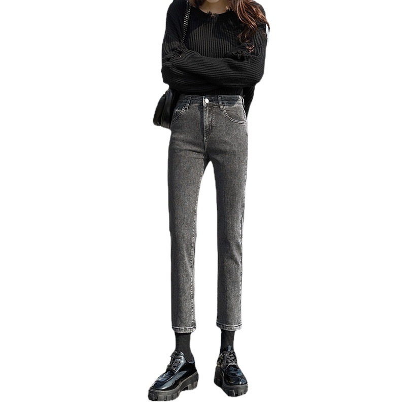 Black Grey Straight Leg Jeans Women's New Autumn and Winter Stretch Slim-fit Small High Waist All-match Loose Cropped Pants