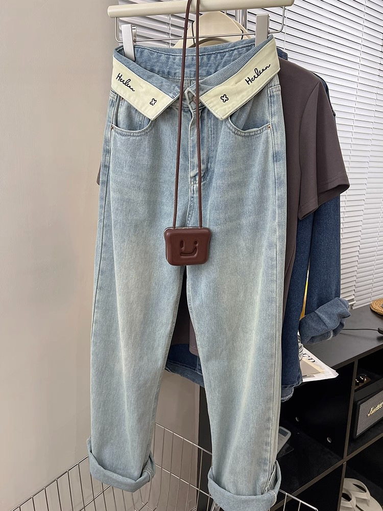 High waist letter jeans for women 2023 new design sense niche loose slimming wide leg pants straight trousers for women