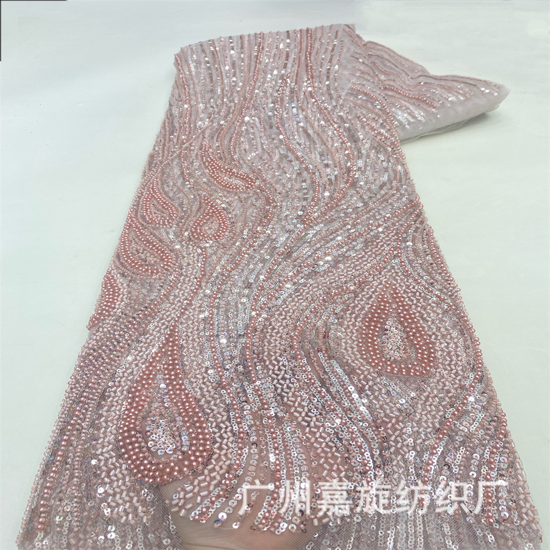 Environmentally Friendly Dyed French Gorgeous Beads Sequin Bead Tube Lace Fabric Modern Tail Wedding Dress Designer Fabric