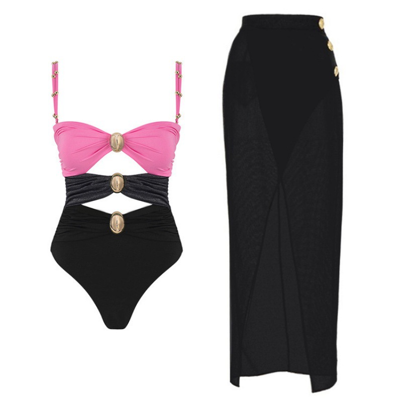 2024 European and American New Arrival Swimsuit Women's Gold Plated Round Buckle Decorative Three-Color Hollow-Out Stitching Sexy Swimsuit suit Women