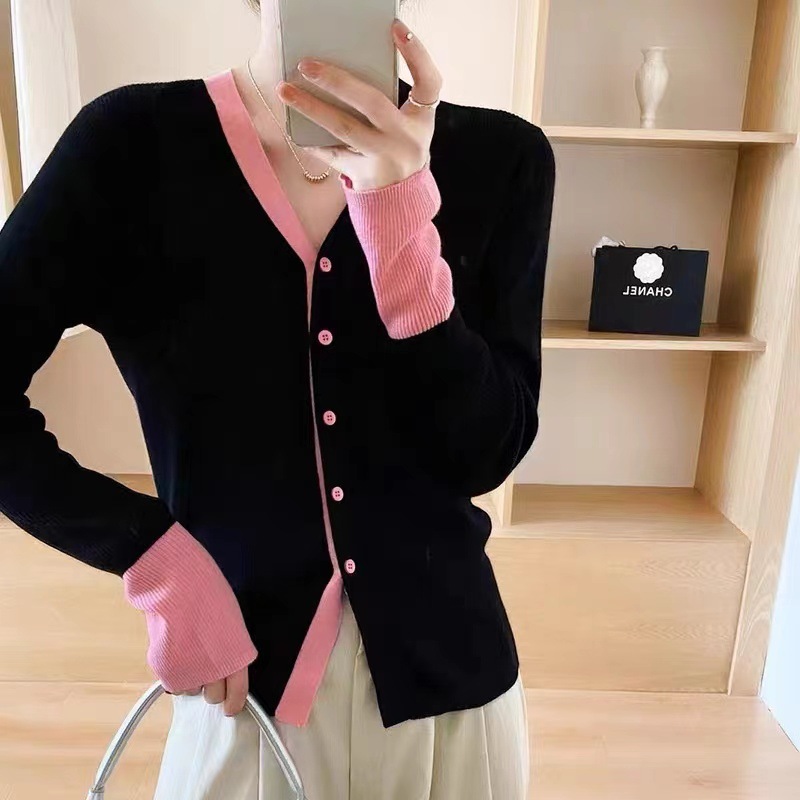 Western-style age-reducing color matching collar single-breasted cardigan women's 2024 autumn new comfortable slimming sweater thin coat
