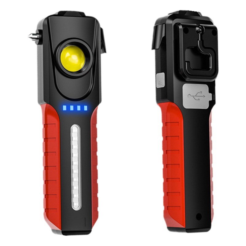 Rechargeable multi-function car fire broken window safety hammer outdoor emergency red and blue flashing work light strong light flashlight