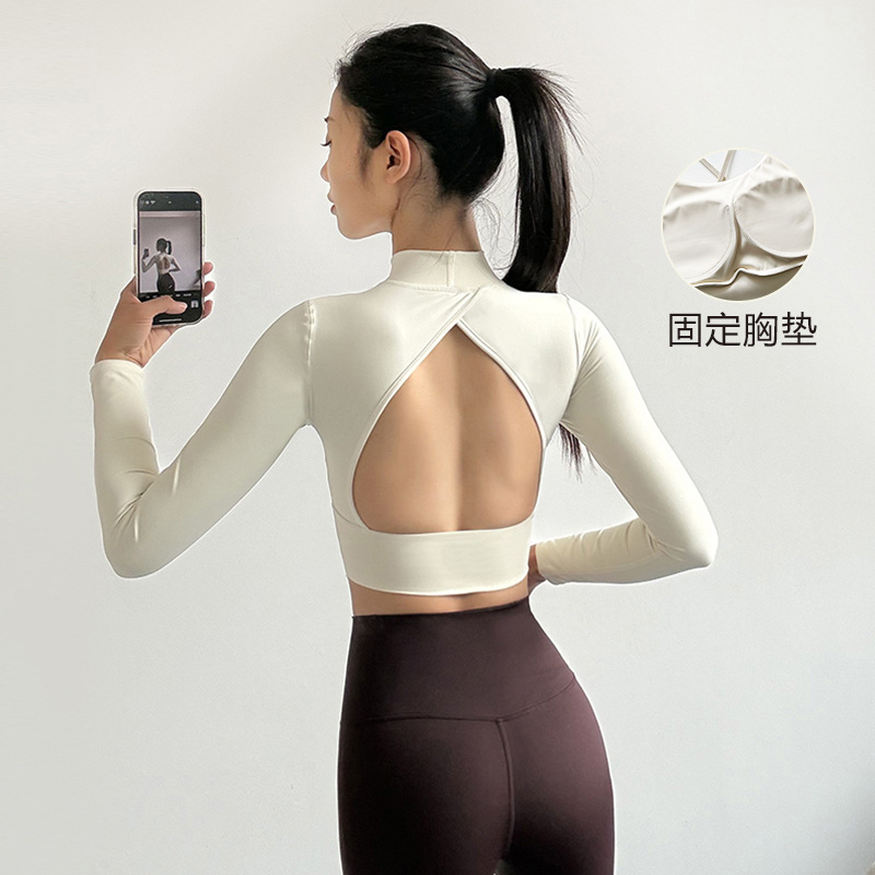 High Neck Sports Top for Running with Chest Pad Tight Slimming Sexual Back Yoga Clothes Long Sleeve Autumn and Winter Women's Fitness Clothes