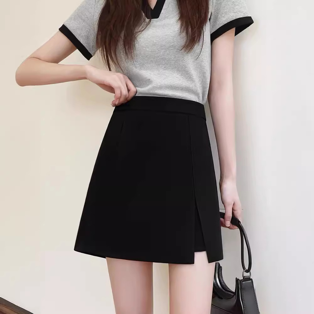 Black Short Skirt Women's Summer 2024 New High Waist Slim Belly Covering Pants Skirt Hip Suit A- Line Half Skirt