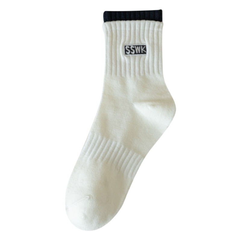 White socks women's autumn and winter mid-calf length socks solid color deodorant letter long sports socks autumn boneless socks ins fashion