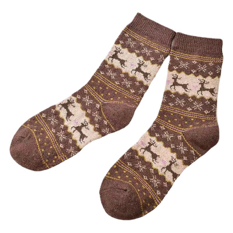 Christmas Reindeer Mid-Calf Socks for Women, Autumn and Winter Cartoon Pure Cotton Long Socks, Golden Thread Reindeer Terry High-Waisted Socks, Antibacterial and Sweat-Absorbent