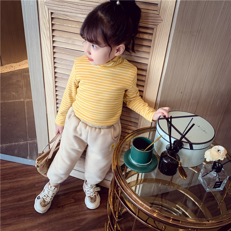 Picture of Children's Winter Girls' Base Shirt Autumn Outfit for Older Children, German Velvet Striped High-Neck Fleece Top, Children's Warm Top