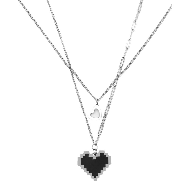 Black Mosaic pixel love double-layer stacked necklace for women ins cold style niche clavicle chain fashion