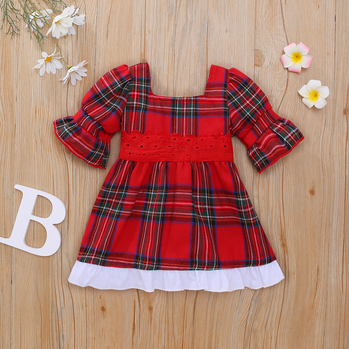 2025 Cross Border Infant Children Girls Summer Red Plaid Red Belt White Lace Skirt dress
