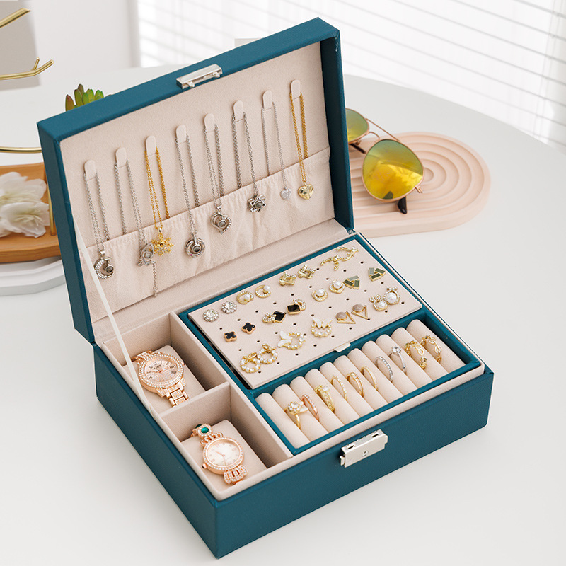 New double watch pillow with lock wooden jewelry double-layer jewelry box ear studs earrings storage box jewelry box gift box wholesale