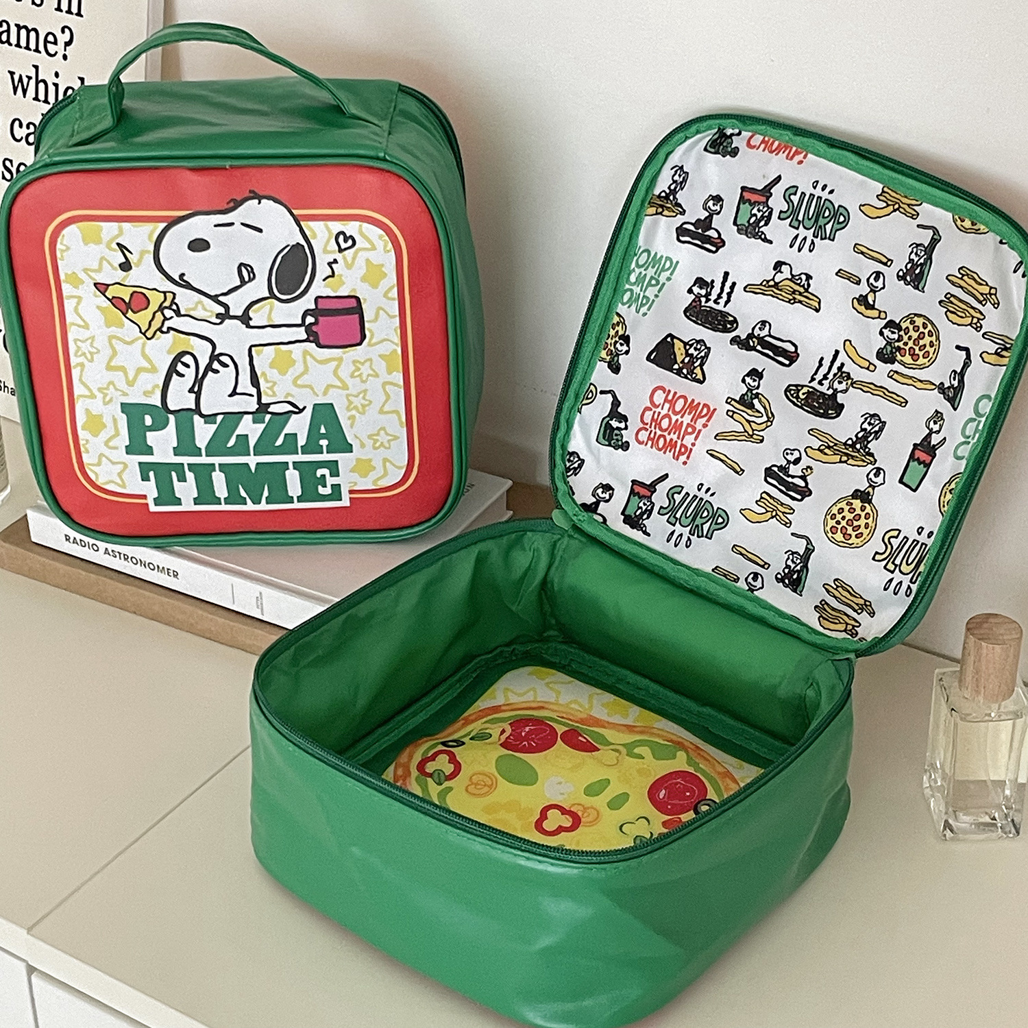 Picture of Green Snoopy Cosmetic Bag Double-sided Printed Pizza Dog Travel Portable Large Capacity Portable Storage Bag