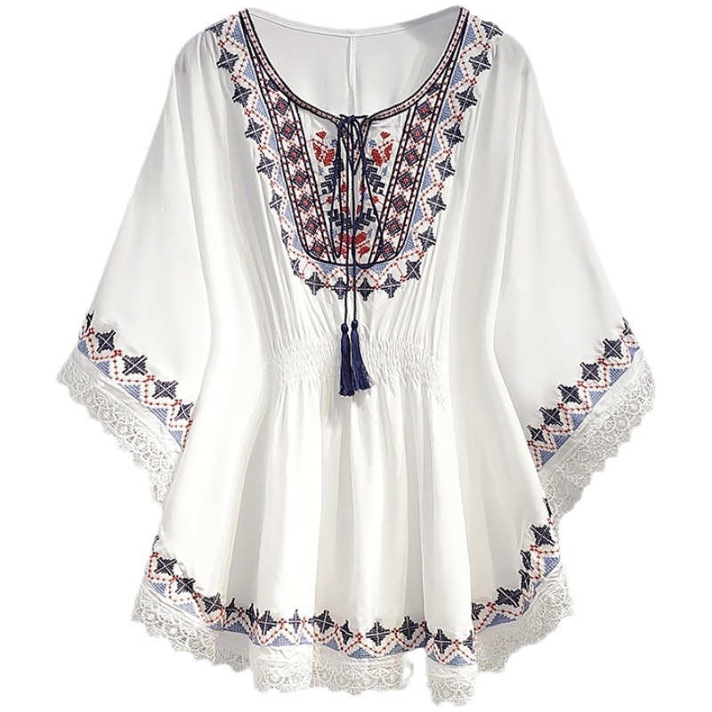 Picture of Summer fashion retro slimming top women's clothing fashionable age-reducing printed half sleeve round neck chiffon shirt top women's clothing