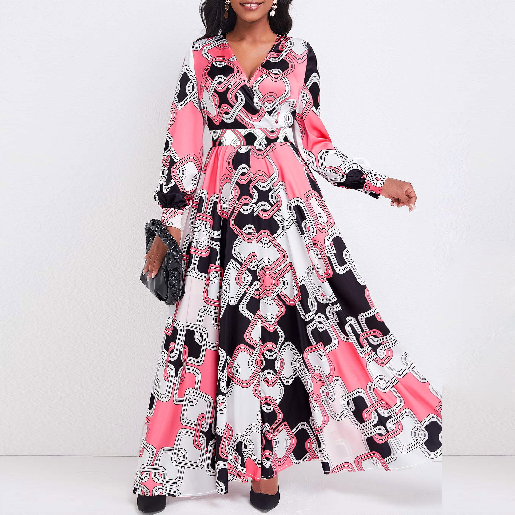 Picture of Cross-border Amazon European and American Women's New Fashion Elegant Elegant Printed V-neck No Belt Large dress