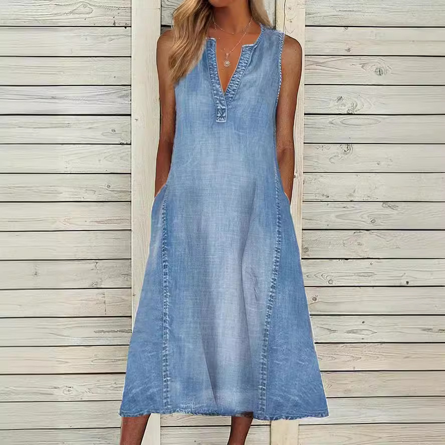 2024 Amazon Independent Station Summer European and American New Pure Color Sleeveless V Neck Loose Casual Denim Dress