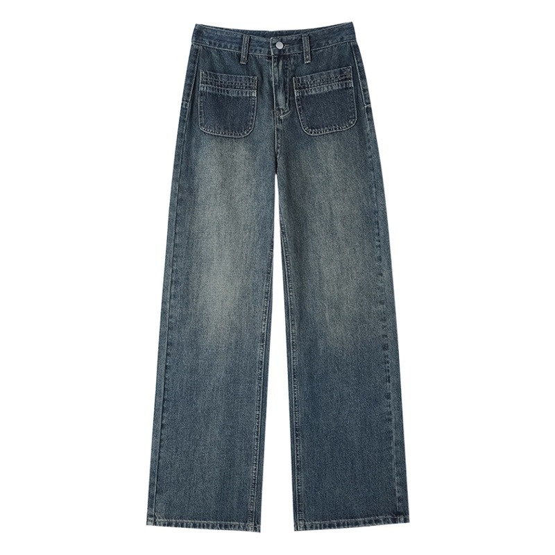 Cement gray American pocket personalized design straight jeans women's pear-shaped small mop high waist wide leg trousers