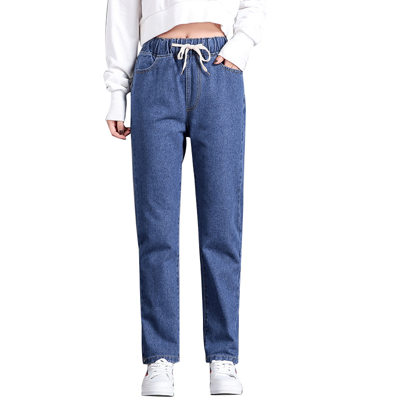 Picture of Korean Style Women's Straight Casual Elastoelastic Waist Lace-up High Waist Student Jeans Women's Loose Cropped Torre Pants Women