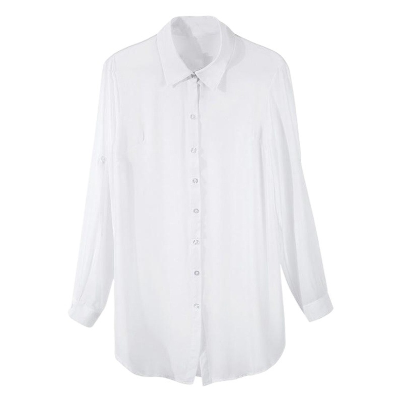 Spring and Autumn BF Style Pajamas Chiffon Shirt Women's Long-sleeved Sexy European and American All-match Large Perspective Loose Mid-length Sun Protection Clothing