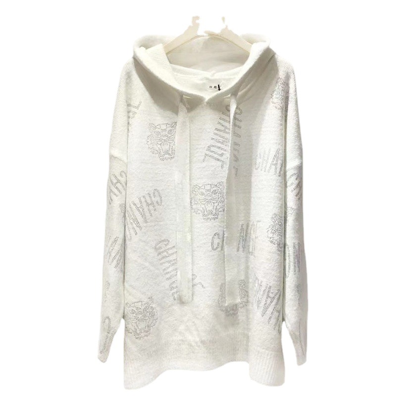 2023 Winter Vintage Printed Mink Velvet Sweater Women's Fashion Hot Drilling Hooded Sweater Loose Lazy Soft Waxy Top