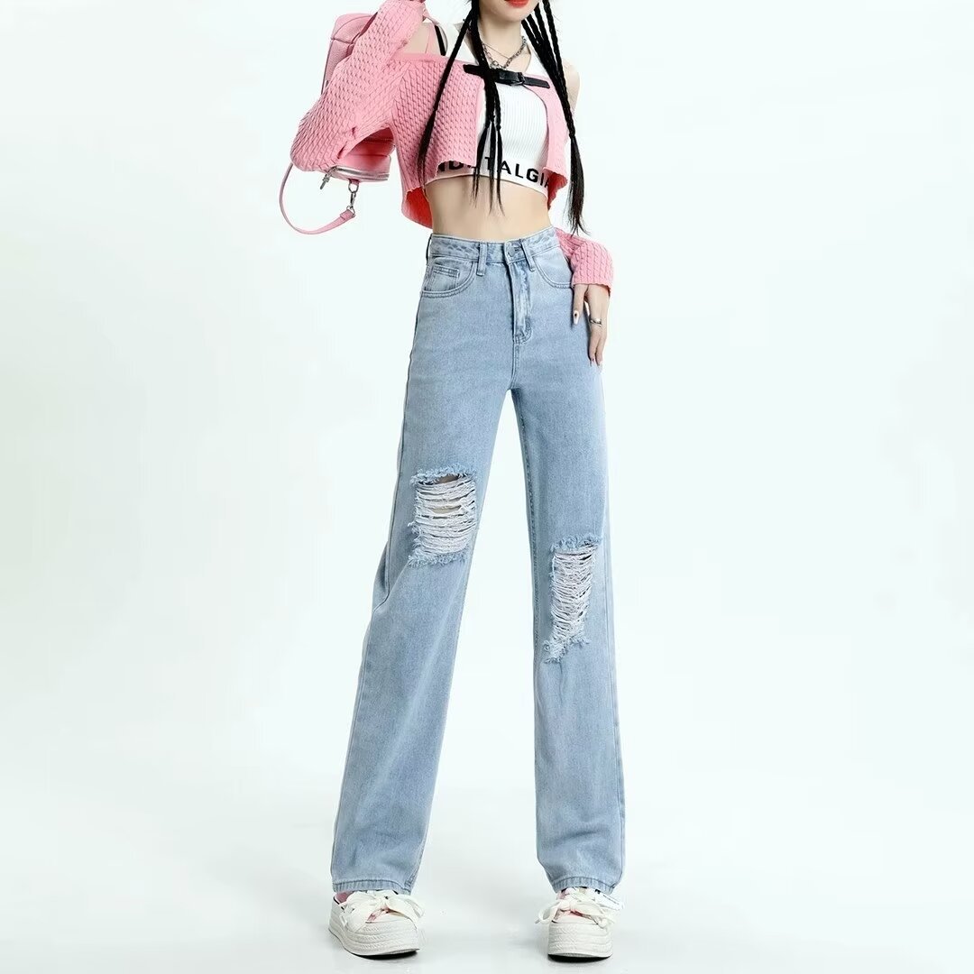 Ins Hong Kong Style Ripped Wide Leg Jeans Women's Summer New High Waist Loose Slimming All-match Simple Straight Pants