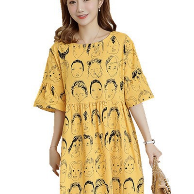 Picture of Pregnant Women's Summer Top New Mid-length Cartoon Dress Fashion Bow Loose Large Size Cotton and Linen Skirt