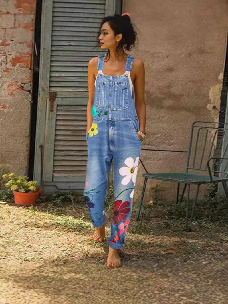 2024 European and American Foreign Trade Cross-border Printed Spring and Autumn Classic Suspender Pants plus size Amazon Color Sling Jeans