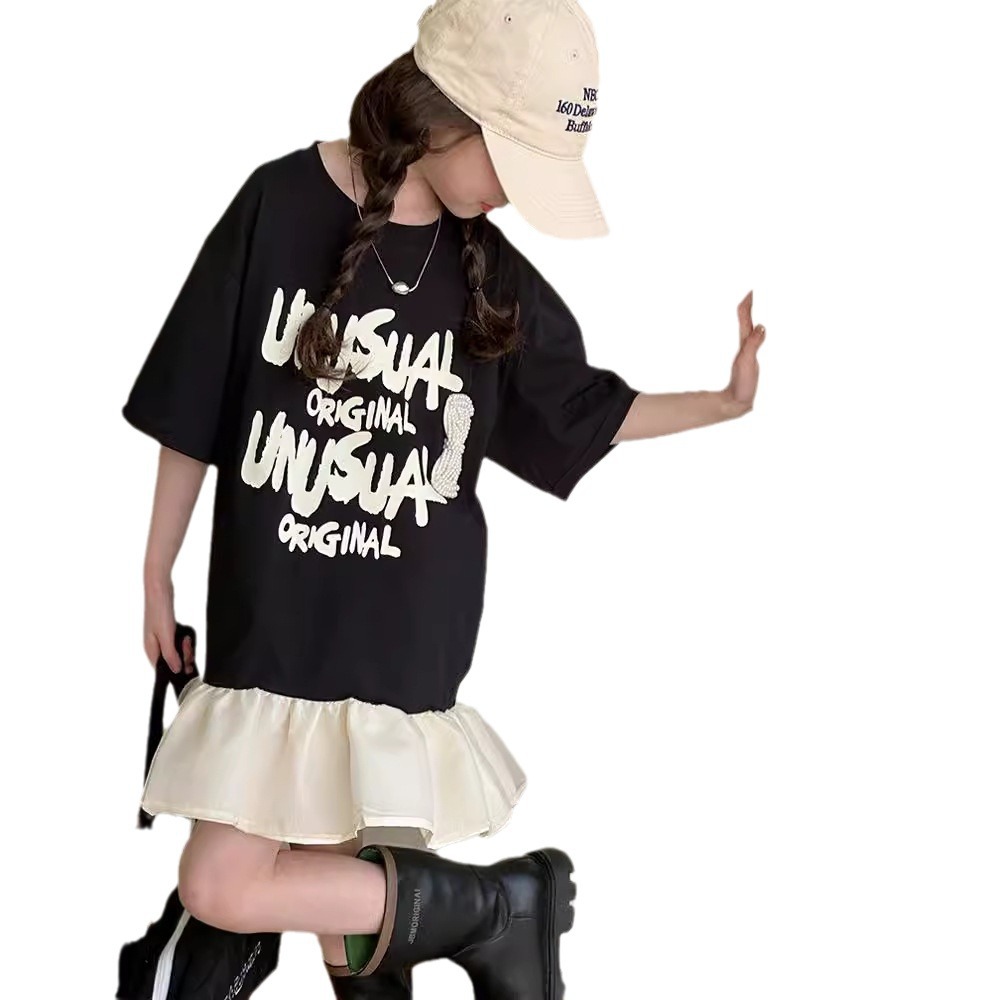 Picture of 2024 New Girls' Summer T-shirt Dress Western Style Mid-Big Children's Letter Printed Short-Sleeved Ruffled Stitching Dress