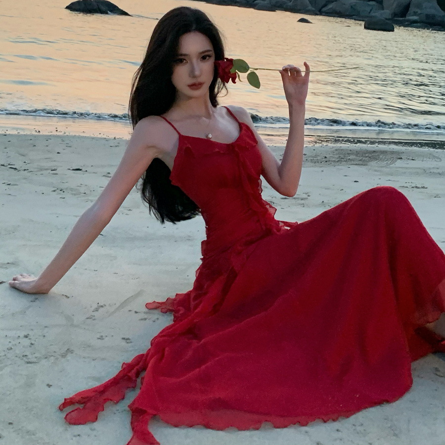 Picture of French Vacation Style Vintage Sling dress Red Engagement Dress Tight Waist Slimming Ruffled Beach Long Dress