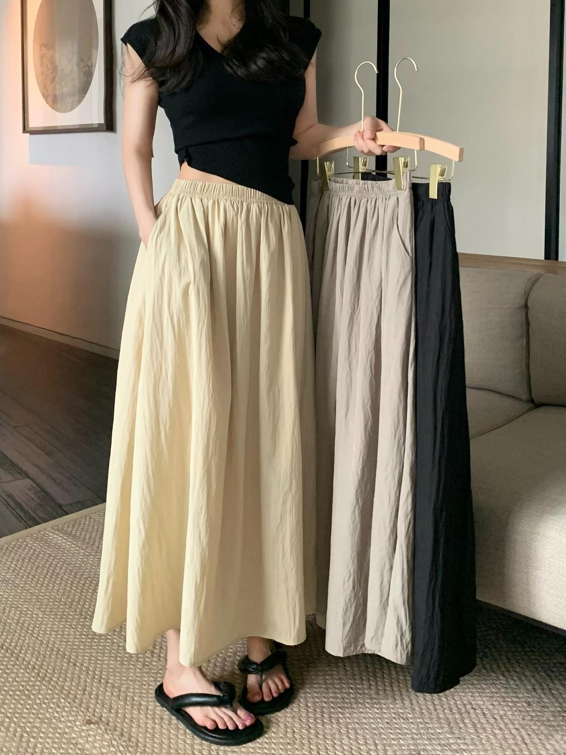Lazy Style High Waist Dumping Skirt Women's Summer Black Design Niche Elegant Slim A- line Skirt Mid-length Skirt