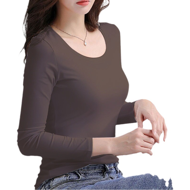 Round Neck Long-Sleeved T-Shirt for Women Elastic New Style Women's Fit Versatile Top Thin Intimates Pure Color Bottoming Shirt for Women