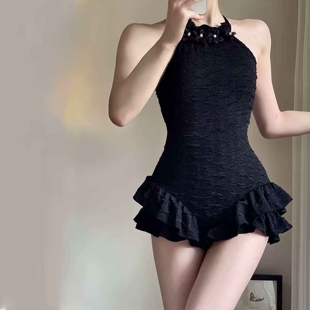 2024 New Solid Color Fashionable One-Piece Swimsuit Women's Small Chest Gathering Belly Covering Slimming Seaside Holiday Hot Spring Swimsuit