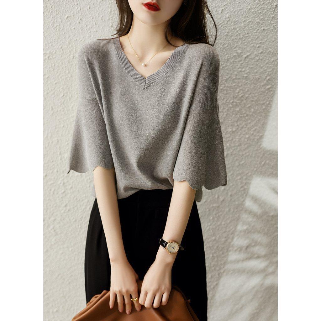 Ice Silk Knitted Sweater Women's Summer French Niche Elegant Slim Knitted Micro Petal Short-sleeved Base Shirt Top
