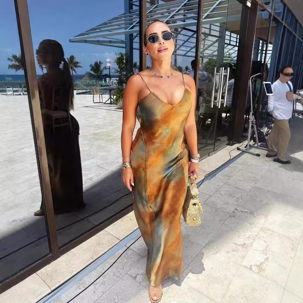 Foreign trade 2023 autumn new European and American style sleeveless tie-dye waist long sling dress women 8025438