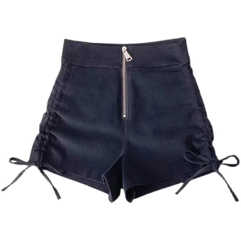 2024 Spring and Summer Black High Waist Slimming Shorts Women's Slim-fit Drawstring Zipper A- shaped Base Outer Wear Sexy Hot Pants