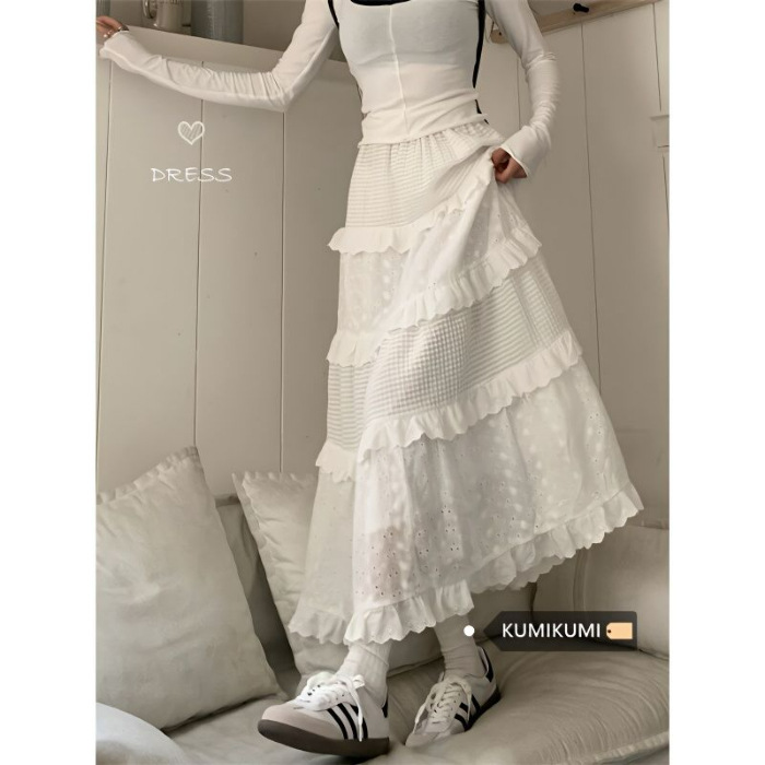 Picture of Kumikumi Gentle Style Cut Out Crochet Skirt Women's Spring High Waist A-Line Cake Skirt Long Skirt White Skirt