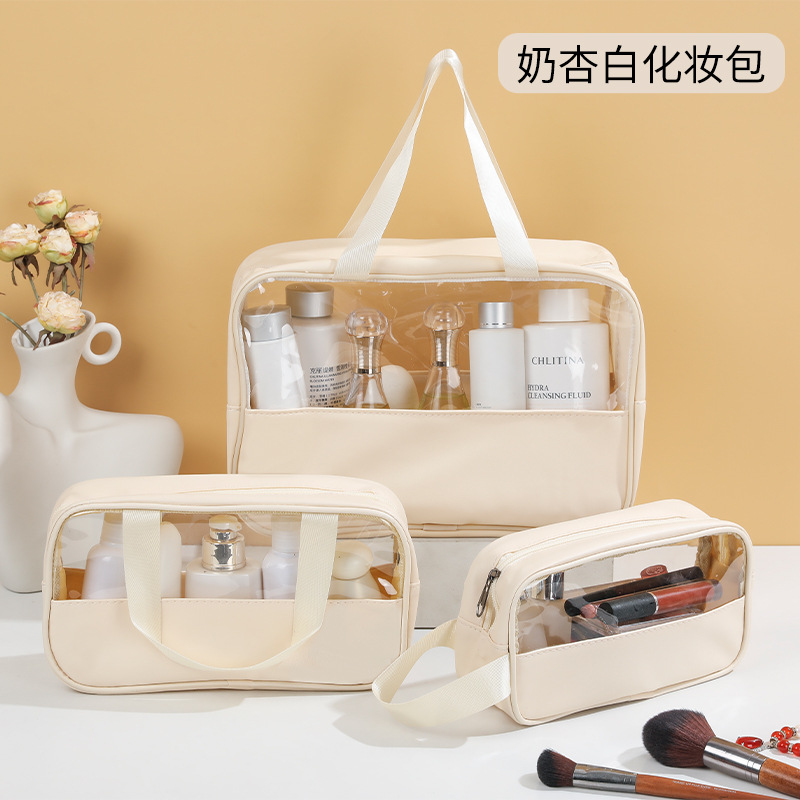 Picture of Transparent Toiletry Bag, Large Capacity Waterproof Portable Cosmetic Bag, Pu Splicing Bath Bag, Business Trip Travel Storage Bag, Portable