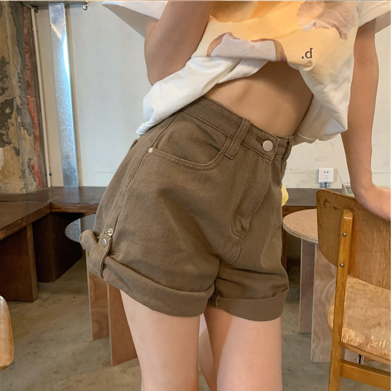 Curled Denim Shorts Women's Summer 2024 New High Waist Slimming All-match Small Retro Straight Wide Leg Pants